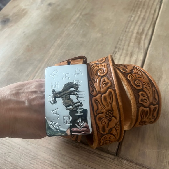 Verkamp’s western Floral Embossed Tan Leather Belt with Silver Buckle - Picture 14 of 15